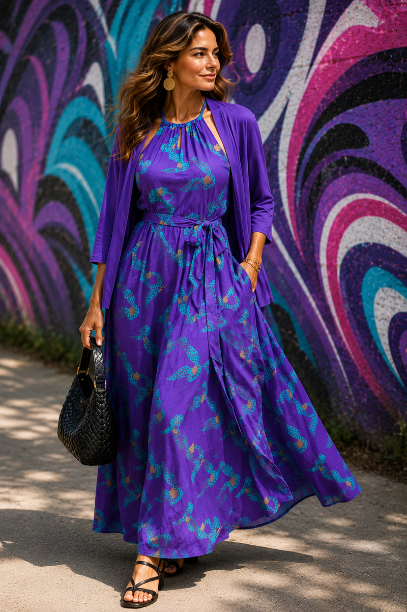 Purple Printed Maxi Dress for Women with Matching Cardigan