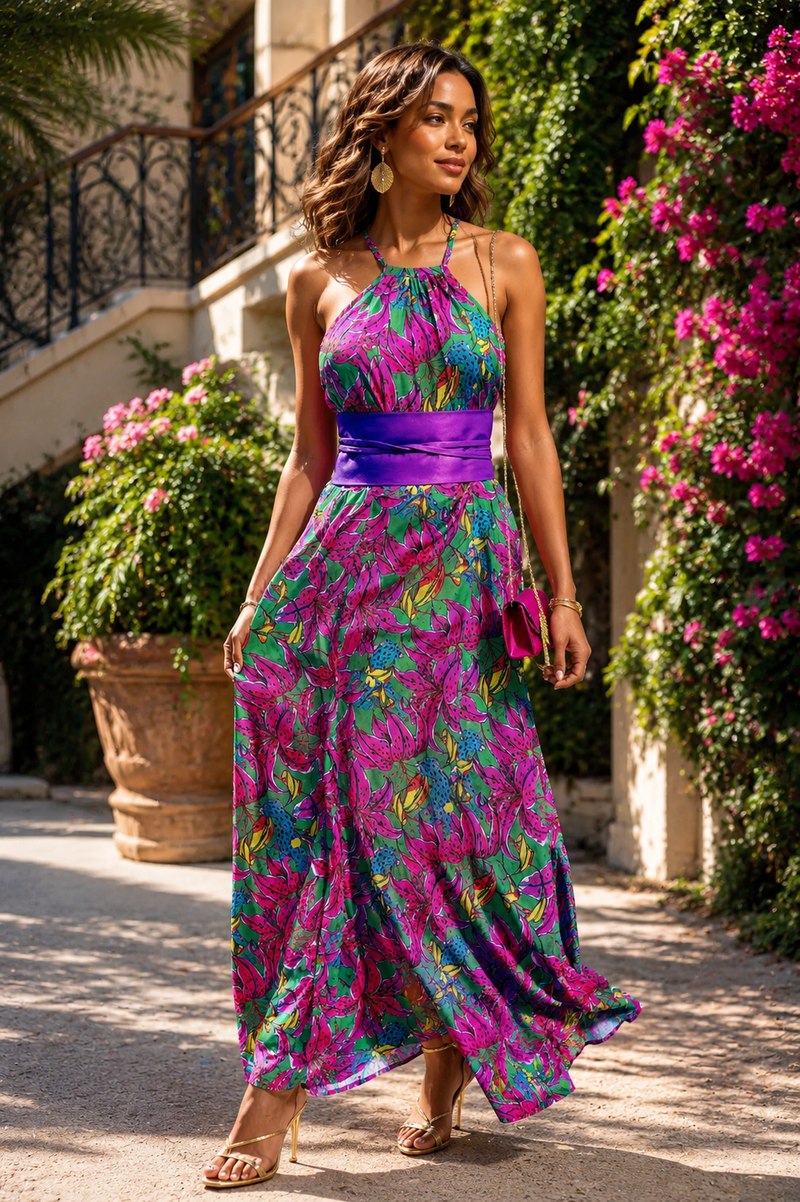 Purple Printed Maxi Dress for Women with Matching Cardigan Medium / Floral Cheetah