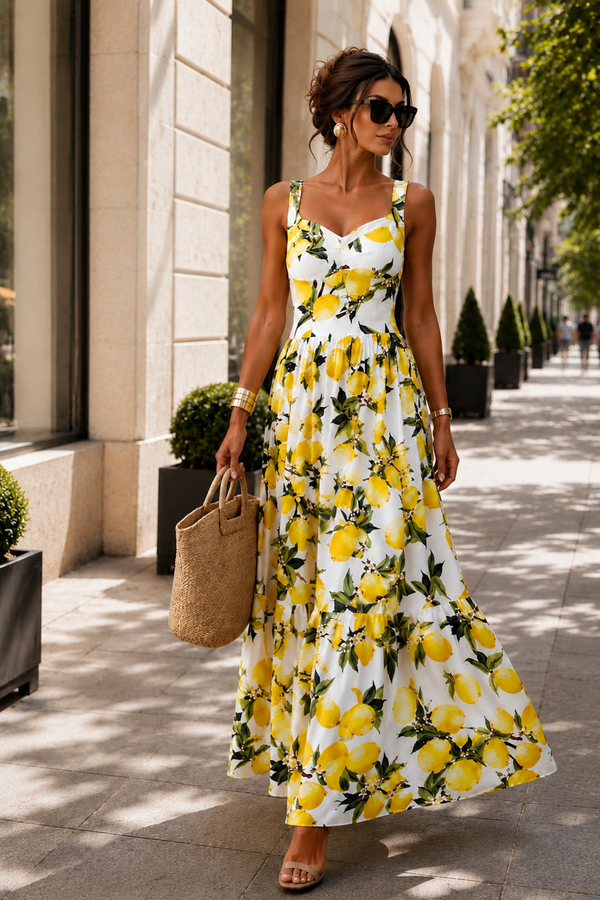 Lemon Print Maxi Dress for Women