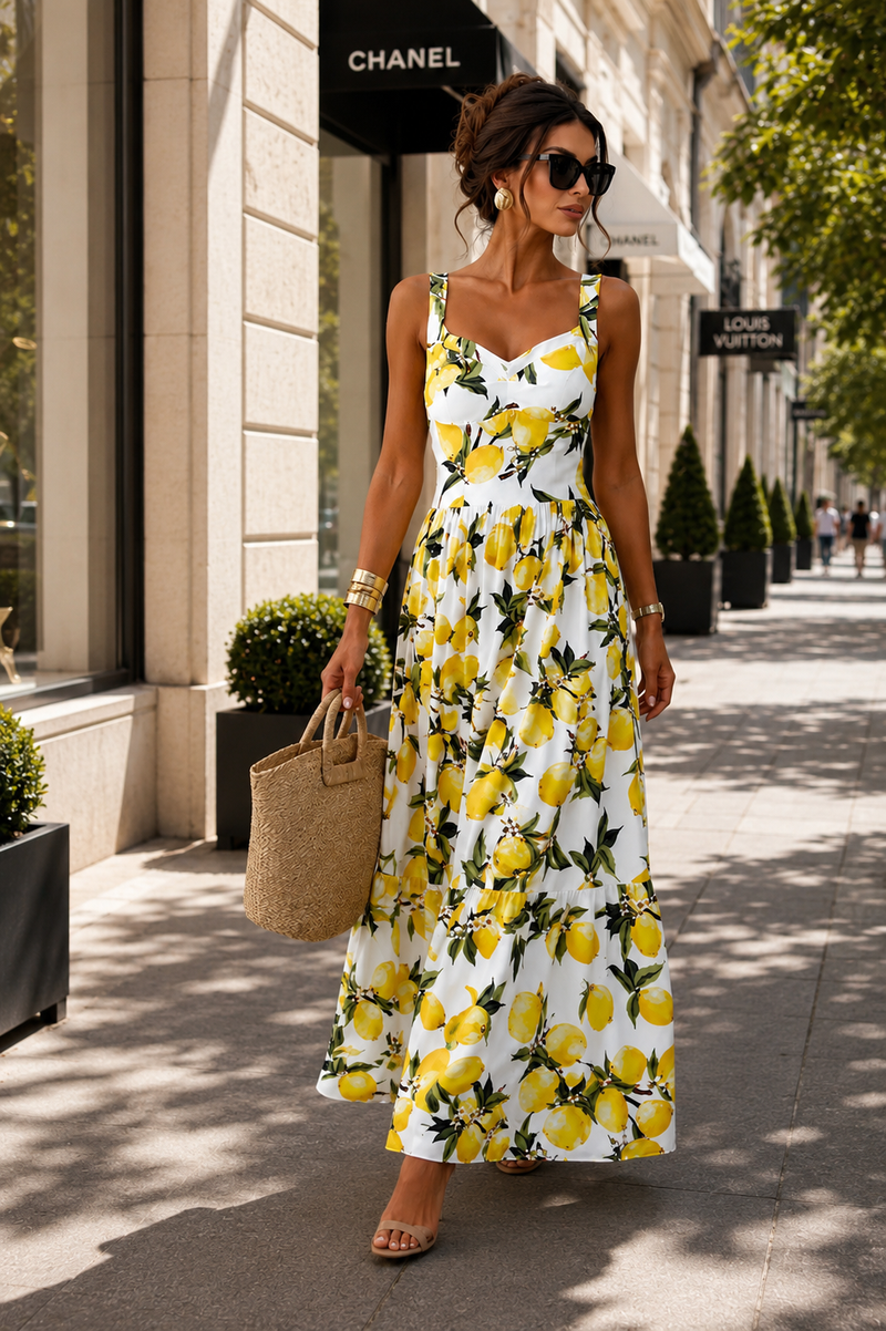 Lemon Print Maxi Dress for Women