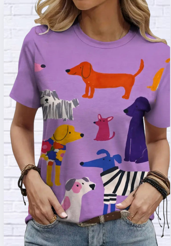 Animal Print Dog Pattern Casual Short Sleeve T-Shirt – Light Purple Fun for Summer!