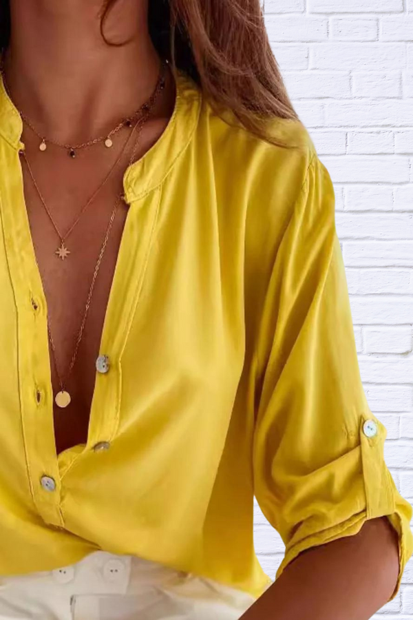 Solid Color Half Button Notched Half Sleeve Blouse