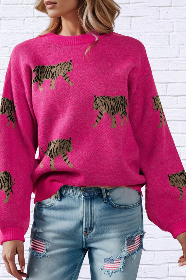 Tiger Pattern Round Neck Drop Shoulder Sweater