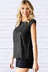 Sequin Round Neck Capped Sleeve Tank