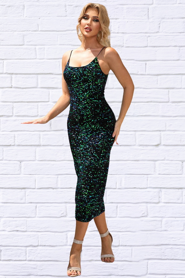 Sequin Spaghetti Strap Slit Dress