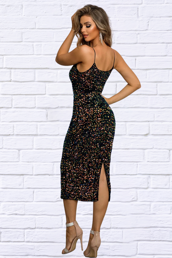 Sequin Spaghetti Strap Slit Dress