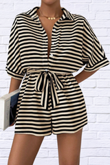 Tie Waist Half Button Striped Romper