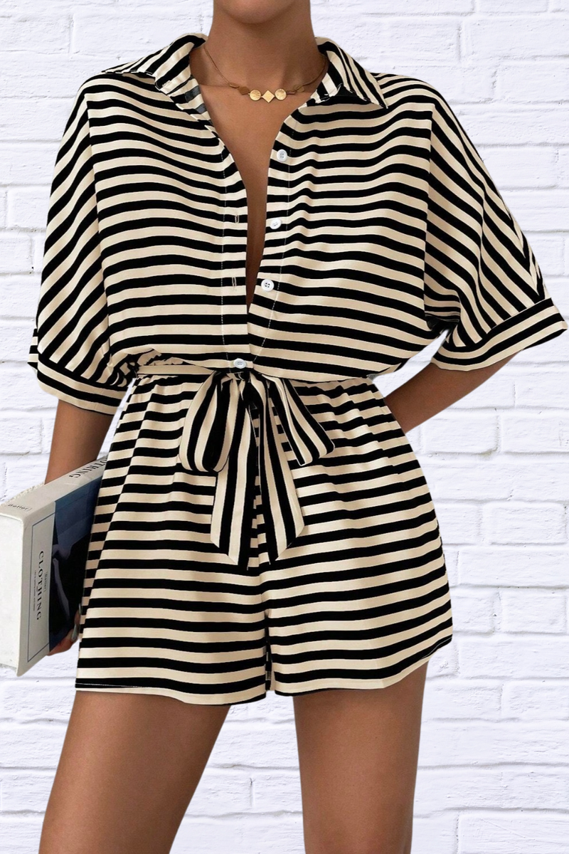 Tie Waist Half Button Striped Romper