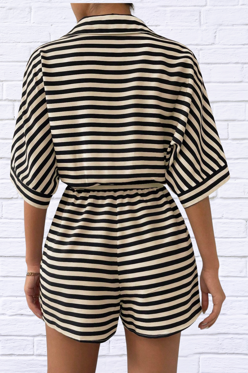 Tie Waist Half Button Striped Romper