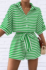 Tie Waist Half Button Striped Romper