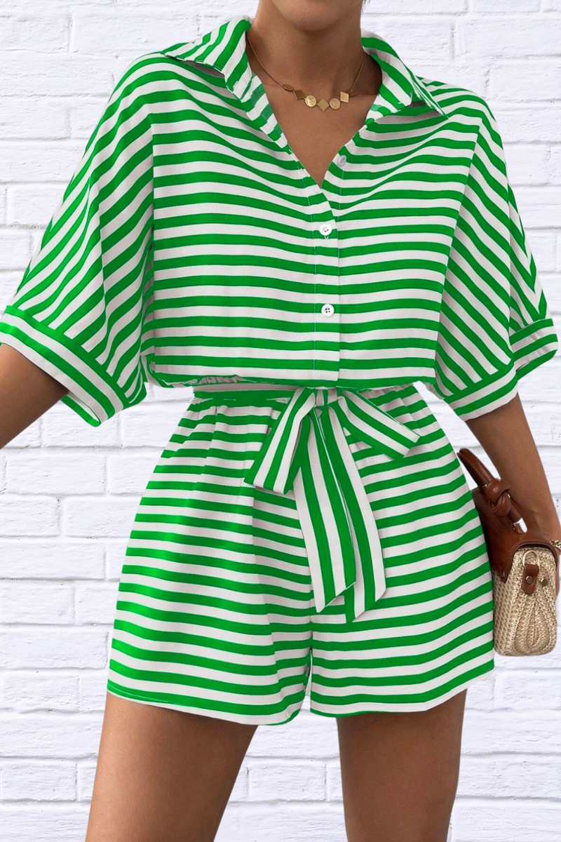 Tie Waist Half Button Striped Romper