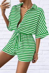 Tie Waist Half Button Striped Romper