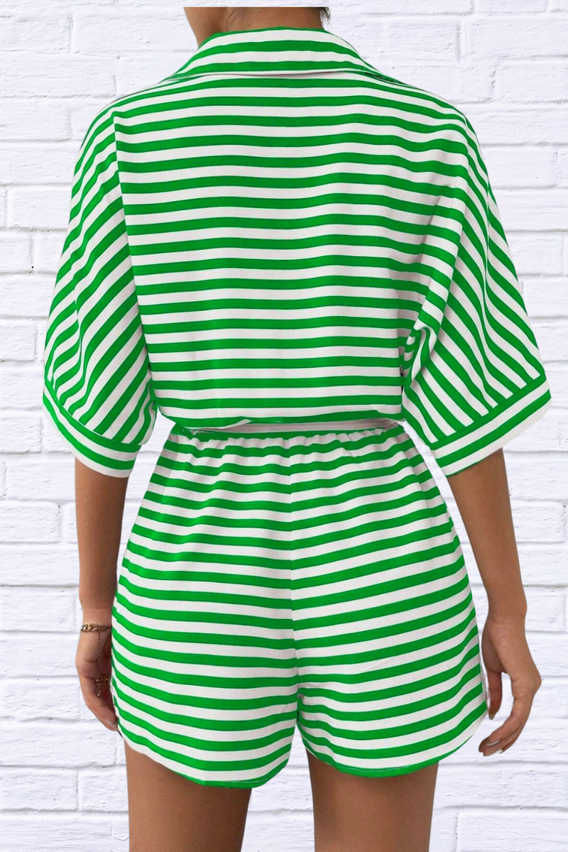 Tie Waist Half Button Striped Romper