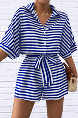 Tie Waist Half Button Striped Romper