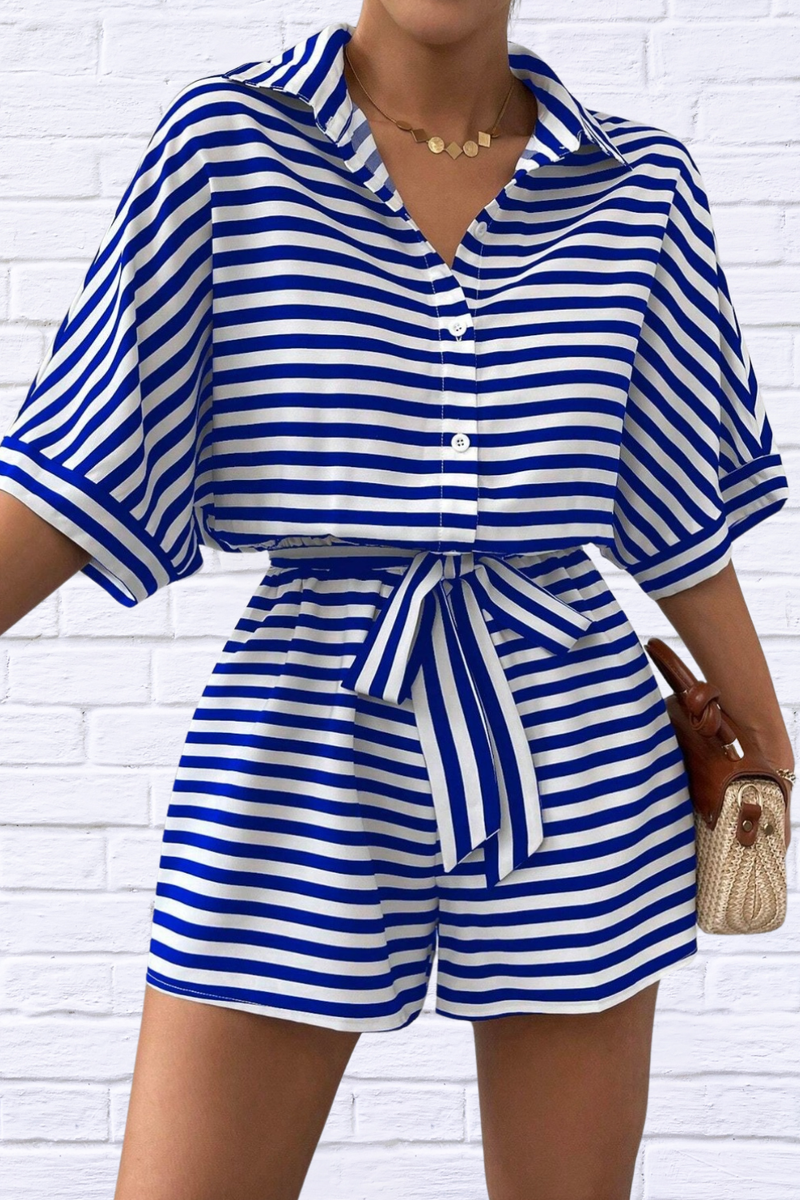 Tie Waist Half Button Striped Romper