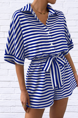 Tie Waist Half Button Striped Romper