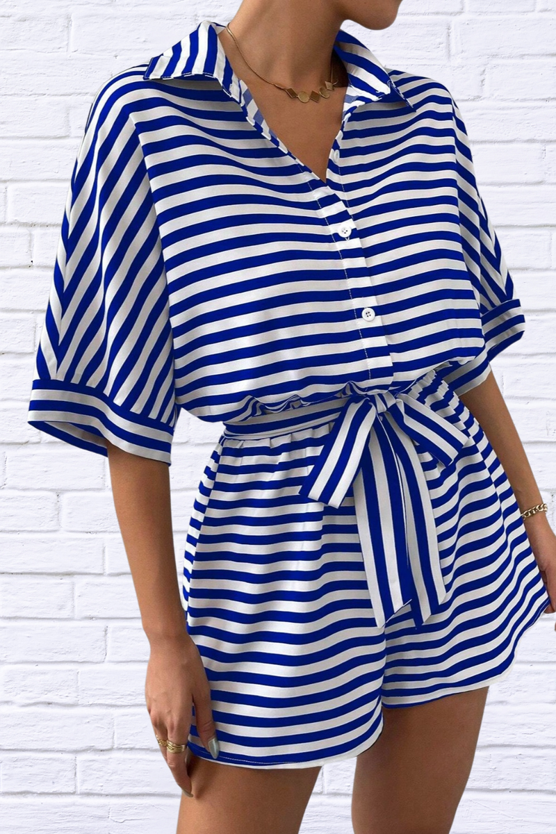 Tie Waist Half Button Striped Romper