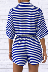Tie Waist Half Button Striped Romper