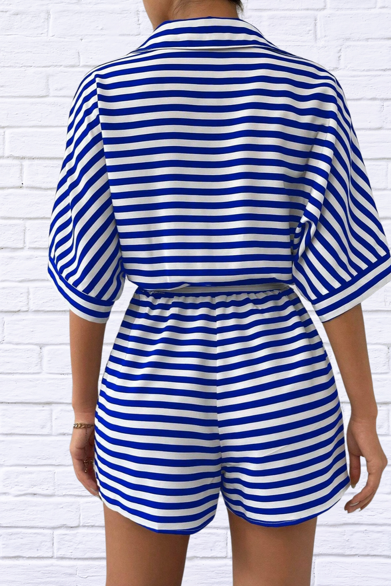 Tie Waist Half Button Striped Romper