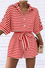 Tie Waist Half Button Striped Romper