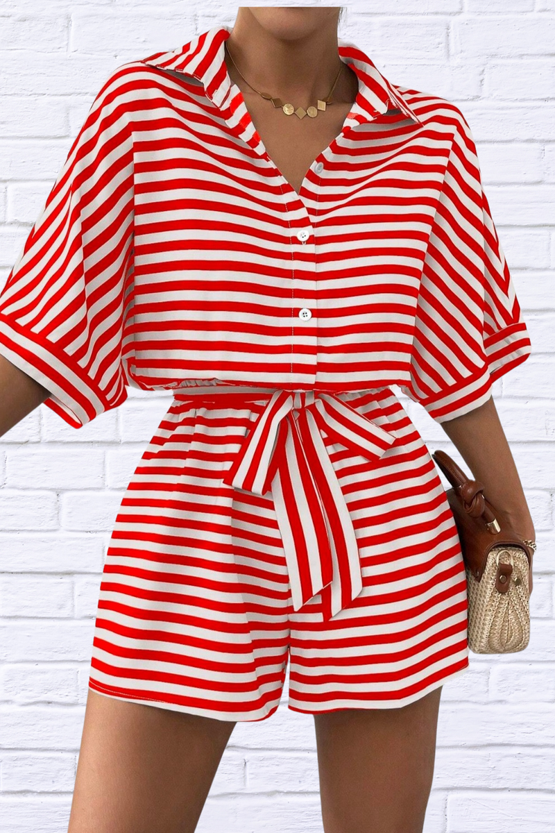 Tie Waist Half Button Striped Romper