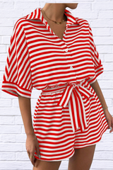 Tie Waist Half Button Striped Romper