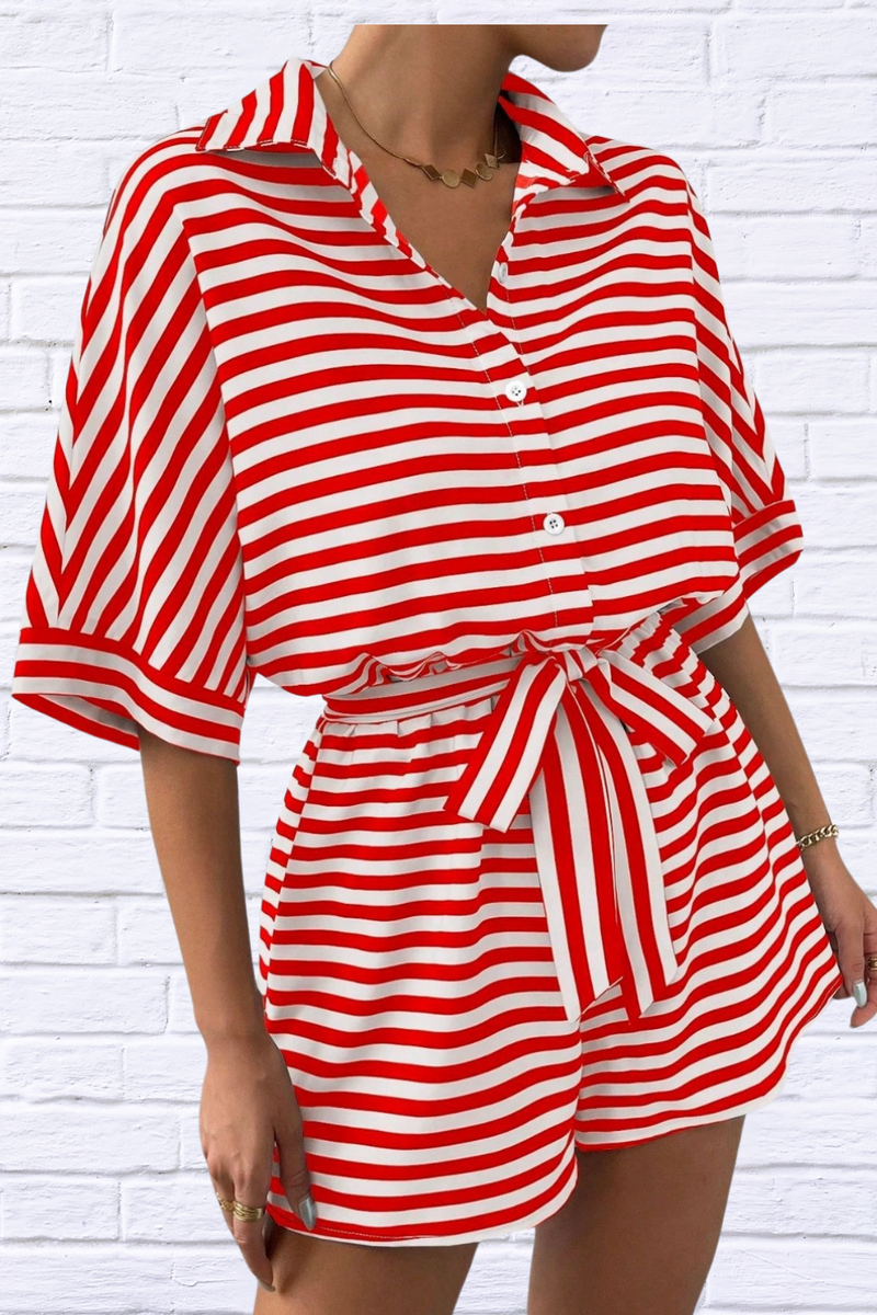 Tie Waist Half Button Striped Romper