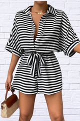 Tie Waist Half Button Striped Romper