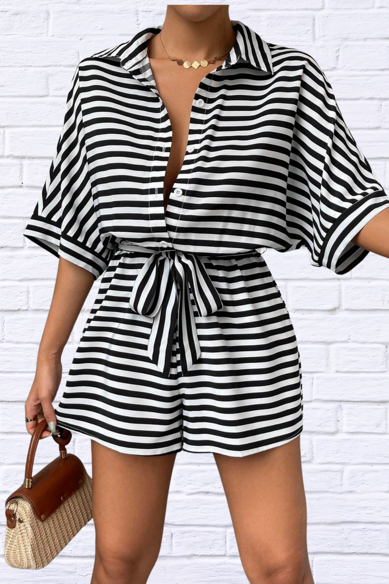Tie Waist Half Button Striped Romper