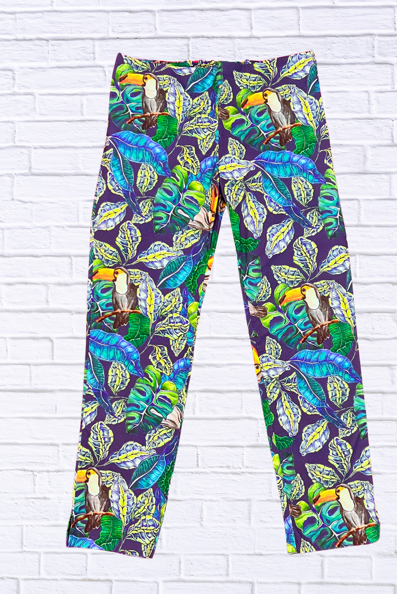 Tropical Toucan Print Slim Ankle Straight Leg Cotton Sateen Pants