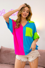 BiBi Slinky Knit Color Block V Neck Front Top