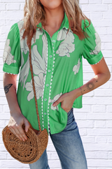 Floral Ric Rac Edge Puff Sleeve Button Up Summer Shirt