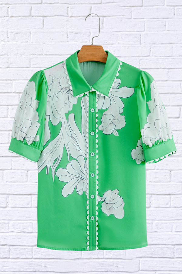 Floral Ric Rac Edge Puff Sleeve Button Up Summer Shirt