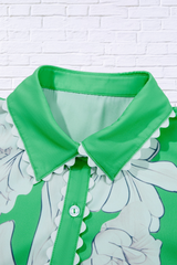 Floral Ric Rac Edge Puff Sleeve Button Up Summer Shirt