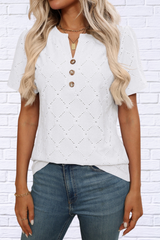 Eyelet Notched Short Sleeve Top
