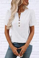 Eyelet Notched Short Sleeve Top