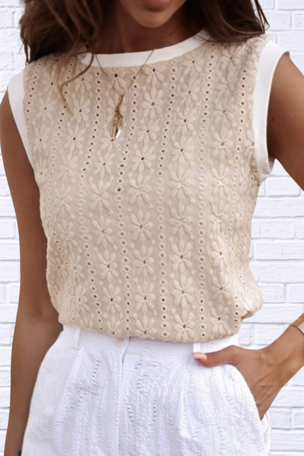 Floral Textured Crew Neck Sleeveless Top