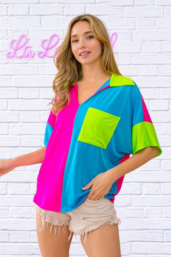 BiBi Slinky Knit Color Block V Neck Front Top