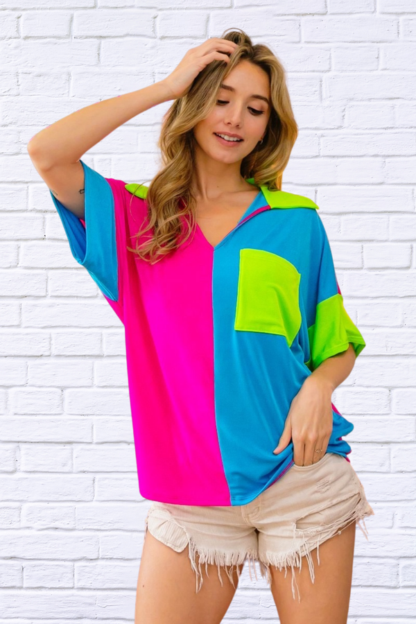 BiBi Slinky Knit Color Block V Neck Front Top