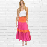 Hot Pink and Orange ColourBlock Smocked Ruffle  Maxi Skirt