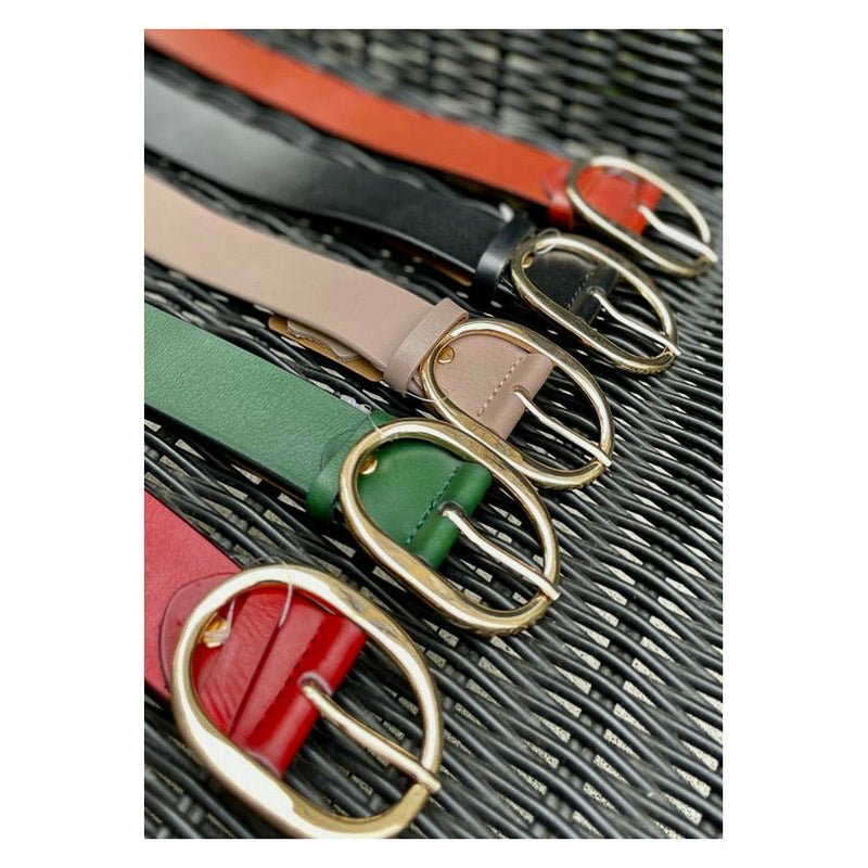 100% Genuine Leather basic belt, with detail gold buckle  Colours availableone in each colour  Blk /Red /Mustard /Brown /Navy