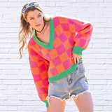 V - Neck Checkered Pink and Orange Sweater