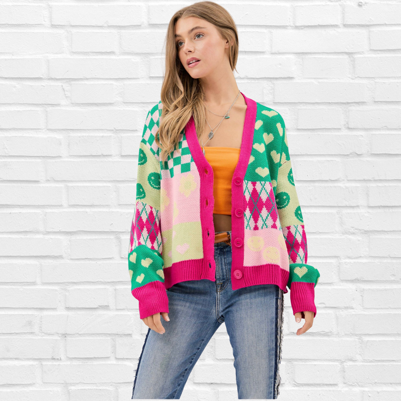 Vneck Drop Shoulder Loose Fitting Multi Pattern Sweater