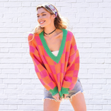 V - Neck Checkered Pink and Orange Sweater