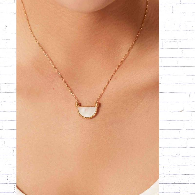 Fashion Geometric Pendant Necklace with White Mother of Pearl Semi Circle- Diva USA