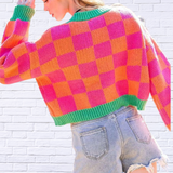 V - Neck Checkered Pink and Orange Sweater