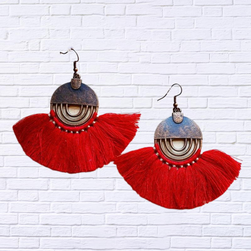 Red Fan Tassel Earrings - | Diva USA