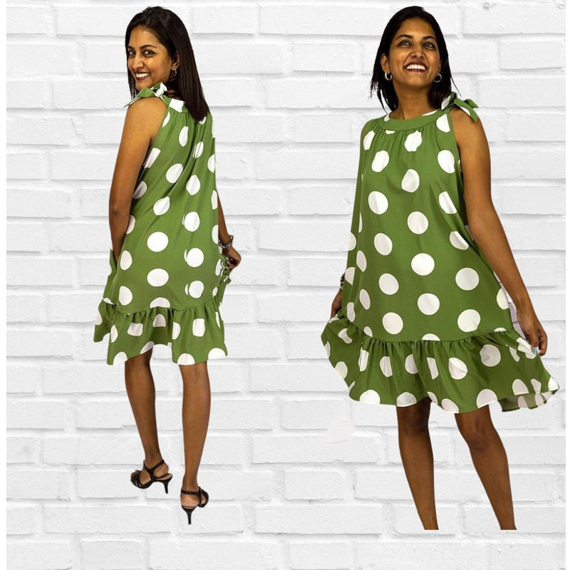 Tie Neck Gauged Trapeze Dress - GREEN POLKA DOT - | Diva USA