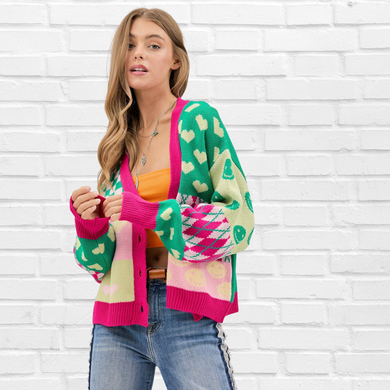 Vneck Drop Shoulder Loose Fitting Multi Pattern Sweater