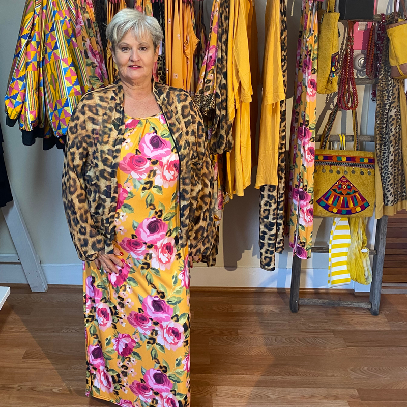 Demi Column Maxi Dress - Tangerine/Cerise Pink / Animal Combo